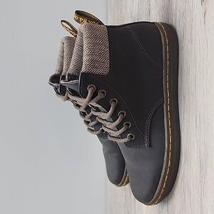 ​Dr. Martens Women Maelly Dark Brown Leather Boots w/Herringbone Tweed Cuff 6